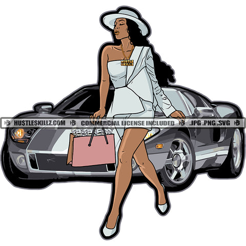 African American Rich Girls Standing On Car Side Melanin Girl Holding Bag Design Element Magic Ski Gangster SVG JPG PNG Vector Clipart Cricut Cutting Files