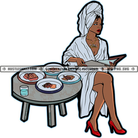 African American Rich Girls Sitting On Food Table Melanin Nubian Girl Reading Book Design Element Magic Ski Gangster SVG JPG PNG Vector Clipart Cricut Cutting Files