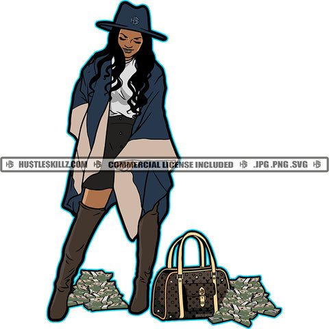African American Woman Standing Melanin Nubian Girl Bag Money On Floor Black Girl Curly Hair Magic Ski Mask Gangster SVG JPG PNG Vector Clipart Cricut Cutting Files