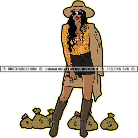 African American Rich Girl Standing Money Bag On Floor Nubian Girl Wearing Sunglass Black Girl Magic Ski Mask Gangster SVG JPG PNG Vector Clipart Cricut Cutting Files