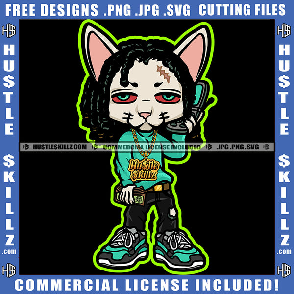 African American Gangster Cat Holding Money And Phone Locs Dreads Hair Design Element SVG JPG PNG Vector Clipart Cricut Cutting Files