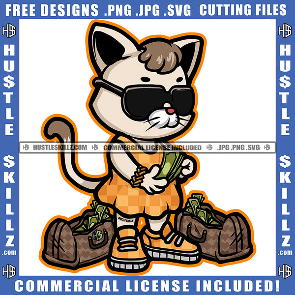 Cartoon Gangster Cat Wearing Sunglass Design Element Cat Holding Money And Money Bag On Floor Magic Ski Mask Gangster SVG JPG PNG Vector Clipart Cricut Cutting Files