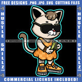 Cartoon Gangster Cat Standing Wearing Sunglass Design Element Cat Holding Money SVG JPG PNG Vector Clipart Cricut Cutting Files