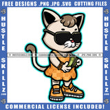 Cartoon Gangster Cat Standing Wearing Sunglass Design Element Cat Holding Money SVG JPG PNG Vector Clipart Cricut Cutting Files