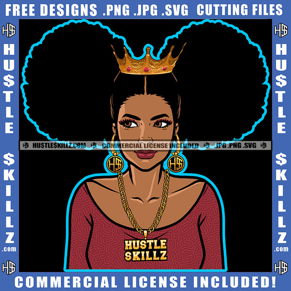 African American Curly Hair Woman Crown On Head Melanin Nubian Girl Head Design Element Black Girl Magic Ski Gangster SVG JPG PNG Vector Clipart Cricut Cutting Files