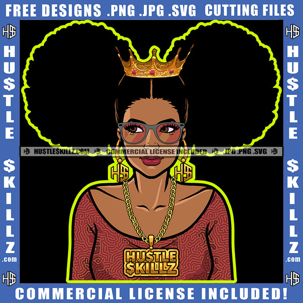African American Curly Hair Woman Crown On Head Melanin Nubian Girl Wearing Sunglass Design Element Black Girl Magic Ski Mask Gangster SVG JPG PNG Vector Clipart Cricut Cutting Files
