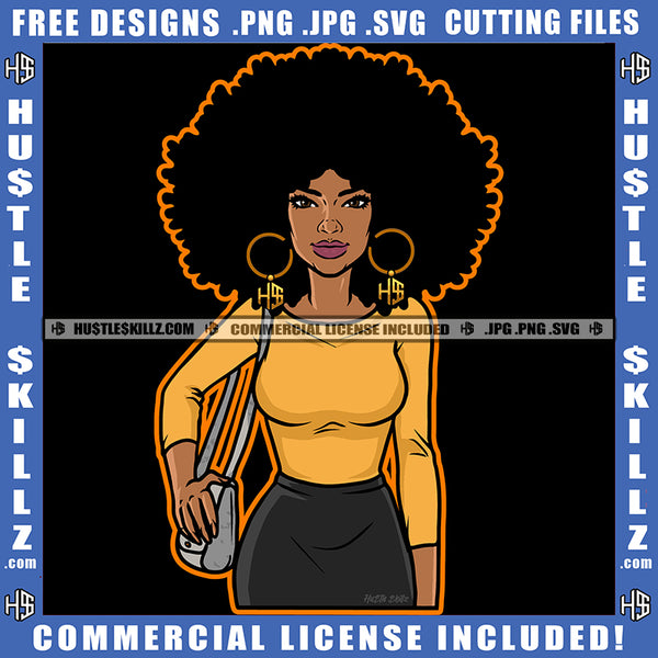 African American Sexy Woman Standing Melanin Nubian Girl Holding Bag Black Girl Curly Hair Design Element Magic Ski Mask Gangster SVG JPG PNG Vector Clipart Cricut Cutting Files