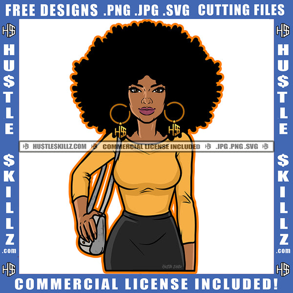 African American Sexy Woman Standing Melanin Nubian Girl Holding Bag Black Girl Curly Hair Design Element Magic Ski Mask Gangster SVG JPG PNG Vector Clipart Cricut Cutting Files