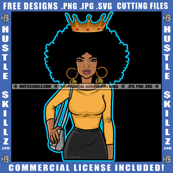African American Woman Standing Crown On Head Melanin Nubian Girl Curly Hair Design Element Black Girl Magic Ski Mask Gangster SVG JPG PNG Vector Clipart Cricut Cutting Files