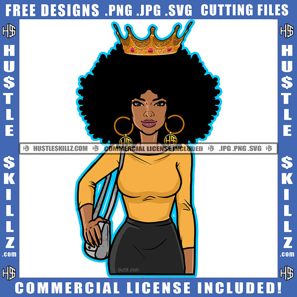 African American Woman Standing Crown On Head Melanin Nubian Girl Curly Hair Design Element Black Girl Magic Ski Mask Gangster SVG JPG PNG Vector Clipart Cricut Cutting Files