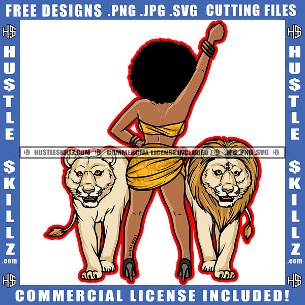 African American Woman Standing On Lion Family Design Element Melanin Nubian Girl Curly Hair Hand Up Black Girl Magic Ski Mask Gangster SVG JPG PNG Vector Clipart Cricut Cutting Files