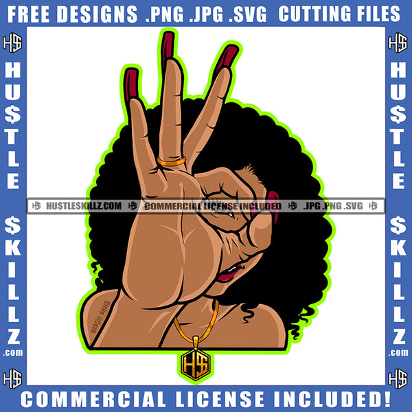 African American Woman Curly Hair Head Design Element Melanin Nubian Girl Ok Hand Sign Magic Ski Mask Gangster SVG JPG PNG Vector Clipart Cricut Cutting Files