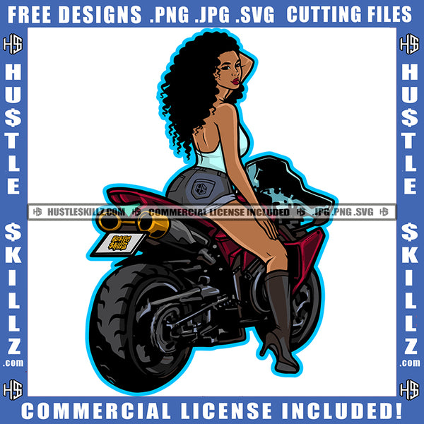 African American Woman Curly Hair Sitting On Motorcycle Melanin Nubian Biker Girl Black Girl Design Element Magic Ski Gangster SVG JPG PNG Vector Clipart Cricut Cutting Files