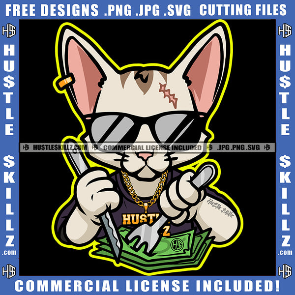 African American Scarface Gangster Cat Holding Spoon And Knife Design Element Gangster Cat Eating Money Wearing Sunglass SVG JPG PNG Vector Clipart Cricut Cutting Files