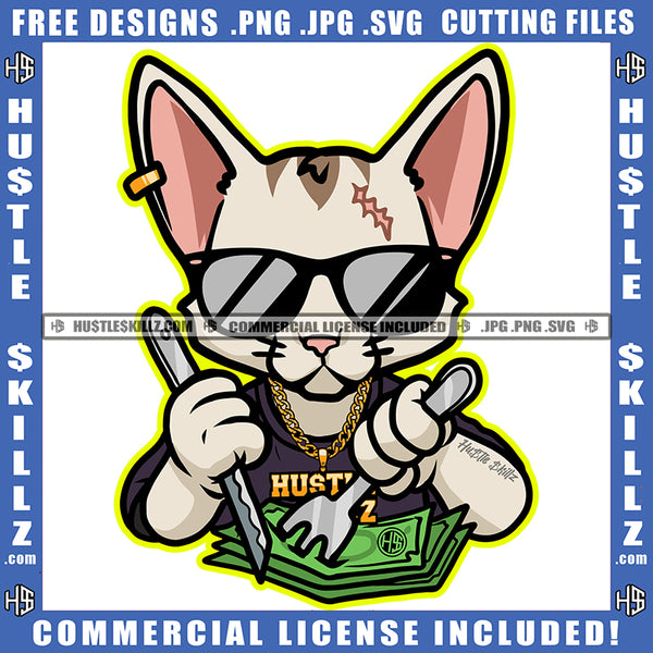 African American Scarface Gangster Cat Holding Spoon And Knife Design Element Gangster Cat Eating Money Wearing Sunglass SVG JPG PNG Vector Clipart Cricut Cutting Files
