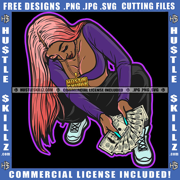 Young Black Woman Counting Money Cash Pink Hair Sneakers Necklace Hustling Hustler Grind SVG PNG JPG Vector Cutting Cricut Files