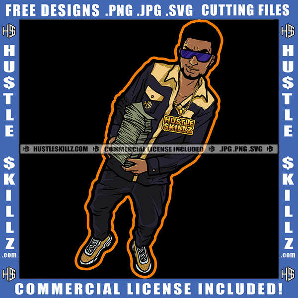 Gangster Black Man Holding Money Cash Bank Melanin Man Wearing Jeans Jacket Sunglasses Chain Hustler Grind SVG JPG PNG Vector Clipart Cricut Cutting Files