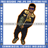 Gangster Black Man Holding Money Cash Bank Melanin Man Wearing Jeans Jacket Sunglasses Chain Hustler Grind SVG JPG PNG Vector Clipart Cricut Cutting Files