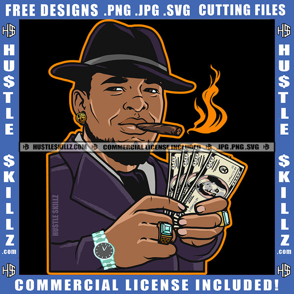 Young Gangster Man Smoking Cigar Wearing Hat Nubian Man Holding Money Cash Design Element ollar Bill Hustler Hustling SVG JPG PNG Vector Clipart Cricut Cutting Files