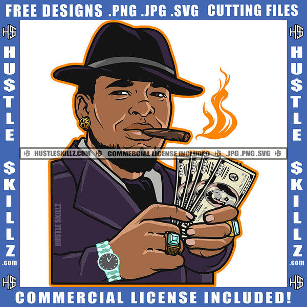 Young Gangster Man Smoking Cigar Wearing Hat Nubian Man Holding Money Cash Design Element ollar Bill Hustler Hustling SVG JPG PNG Vector Clipart Cricut Cutting Files