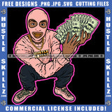 Black Man Pink Ski Mask Color Sweater Holding Cash Money Bank Chain Hustler SVG JPG PNG Vector Clipart Cricut Cutting File