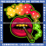 Sexy Women Lips With Cannabis Blunt Smoking Vector Design Red Lips Golden Teeth Colorful Smoke With Marijuana Leaf Digital Art Silhouette SVG JPG PNG Vector Clipart Cricut Cutting Files