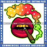 Sexy Women Lips With Cannabis Blunt Smoking Vector Design Red Lips Golden Teeth Colorful Smoke With Marijuana Leaf Digital Art Silhouette SVG JPG PNG Vector Clipart Cricut Cutting Files