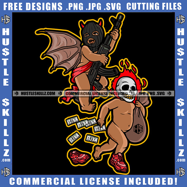 Devil Baby Holding Gun And Money Bag Design Element Evil Skull Skeleton Head SVG JPG PNG Vector Clipart Cricut Cutting Files