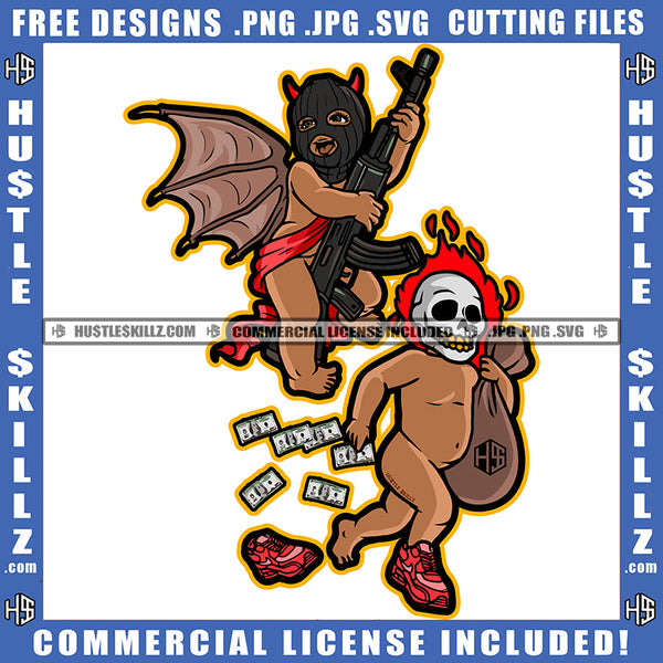 Devil Baby Holding Gun And Money Bag Design Element Evil Skull Skeleton Head SVG JPG PNG Vector Clipart Cricut Cutting Files