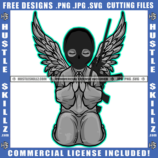 Young Gangster Angle Praying Hand Vector Angle Wearing Ski Mask Wings And Gun Design Element Hustler Hustling SVG JPG PNG Vector Clipart Cricut Cutting Files