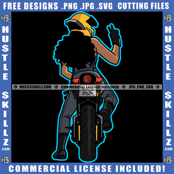 African American Woman Ride Motorcycle Hustler Grind Designs Element Melanin Nubian Girl Curly Hair Peach Hand Sign Magic Ski Mask Gangster SVG JPG PNG Vector Clipart Cricut Cutting Files