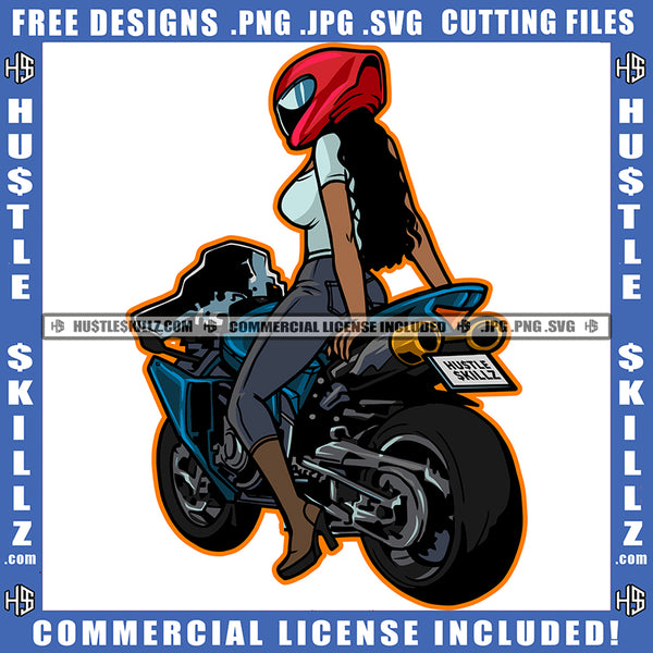 African American Woman Riding Motorcycle Bike Design Element Melanin Nubian Girl Sitting On Bike Wearing Helmet Magic Ski Gangster SVG JPG PNG Vector Clipart Cricut Cutting Files