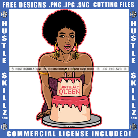 African American Woman Standing On Birthday Cake On Table Design Element Melanin Nubian Girl Curly Hair Birthday Queen Magic Ski Mask Gangster SVG JPG PNG Vector Clipart Cricut Cutting Files