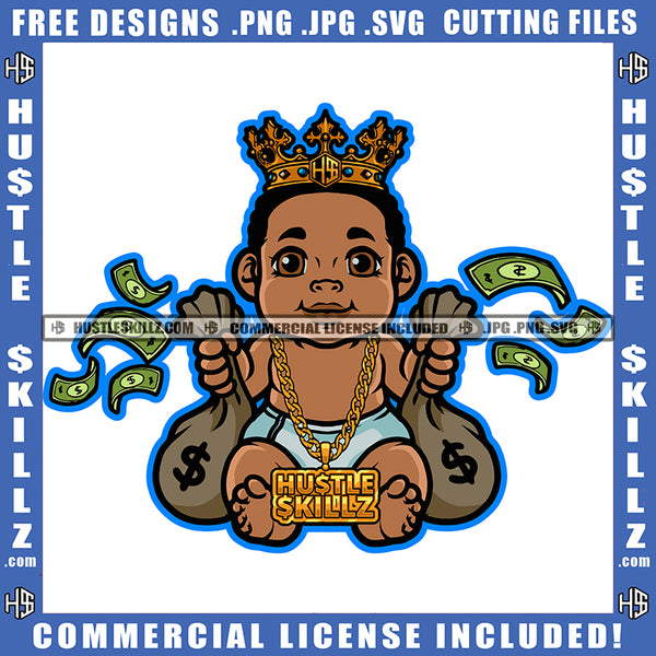 African American Boy Sitting On Floor Melanin Boy Holding Money Crown On Head Smile Face Design Element SVG JPG PNG Vector Clipart Cricut Cutting Files