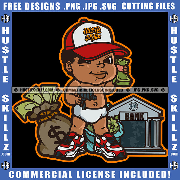 African American Baby Boy Standing Design Element Melanin Boy Holding Gun And Money Money Bag On Floor SVG JPG PNG Vector Clipart Cricut Cutting Files