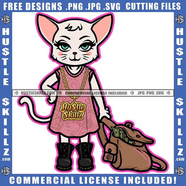 African American Cat Standing Design Element Cat Holding Money Bag SVG JPG PNG Vector Clipart Cricut Cutting Files