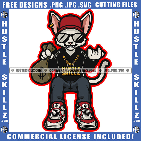 Gangster Cat Holding Money Bag And Sitting Design Element Gangster Cat Wearing Sunglass Smile Face SVG JPG PNG Vector Clipart Cricut Cutting Files