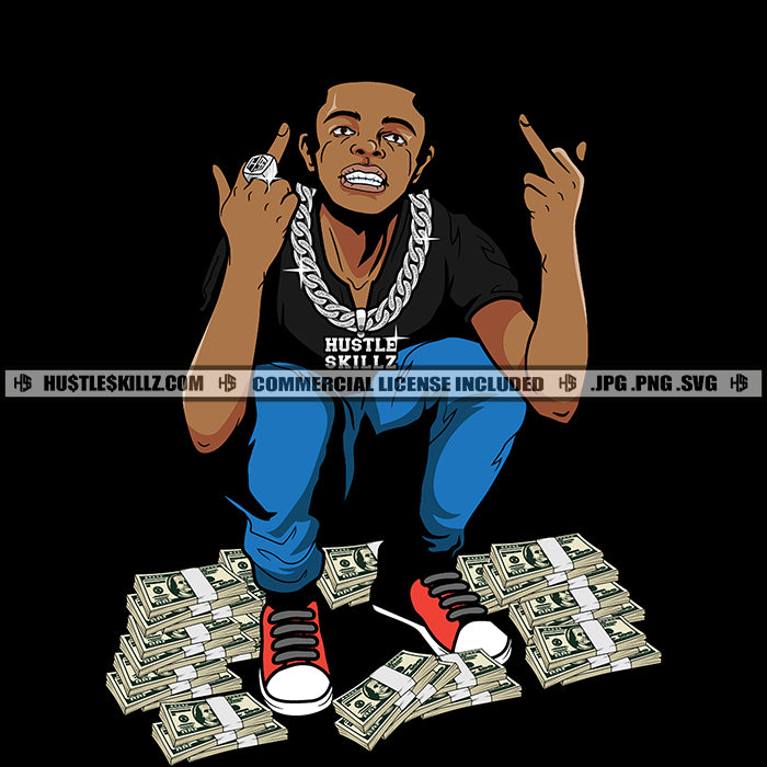 African American Boy Sitting On Money Bundle Vector Man Showing Middle ...