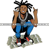 African American Boy Sitting On Money Bundle Vector Man Showing Middle Finger Hand Sign Design Element Locus Hair Style SVG JPG PNG Vector Clipart Cricut Cutting Files