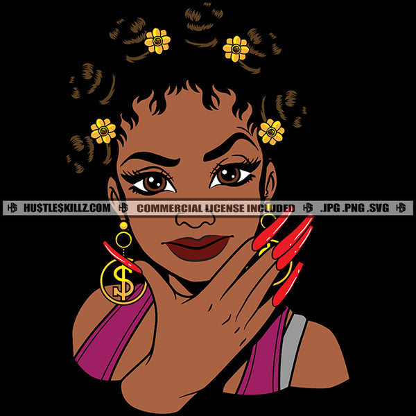 African American Woman Face Design Element Long Nail Vector Afro Hair Style Flower On Hair Smile Face Beautiful Lady SVG JPG PNG Vector Clipart Cricut Cutting Files
