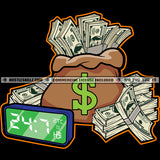 Money Bag Full Load Of Money Bundle On Floor Design Element White Background Time Clock On Money Bag SVG JPG PNG Vector Clipart Cricut Cutting Files