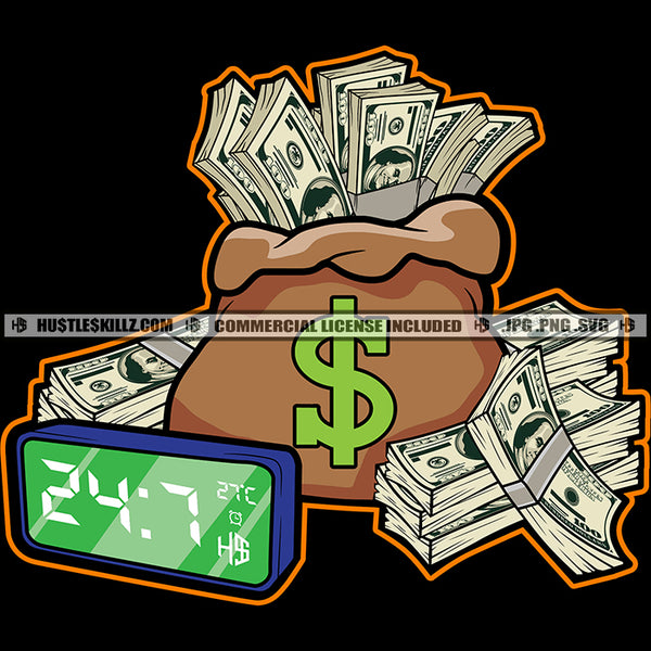 Money Bag Full Load Of Money Bundle On Floor Design Element White Background Time Clock On Money Bag SVG JPG PNG Vector Clipart Cricut Cutting Files