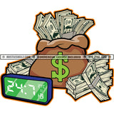 Money Bag Full Load Of Money Bundle On Floor Design Element White Background Time Clock On Money Bag SVG JPG PNG Vector Clipart Cricut Cutting Files