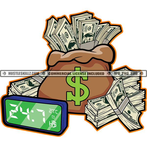 Money Bag Full Load Of Money Bundle On Floor Design Element White Background Time Clock On Money Bag SVG JPG PNG Vector Clipart Cricut Cutting Files