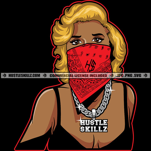 Gangster Melanin Woman Wearing Mask Wearing Chain Design Element Golden Hair Style White Background And Wearing Short Dress SVG JPG PNG Vector Clipart Cricut Cutting Files