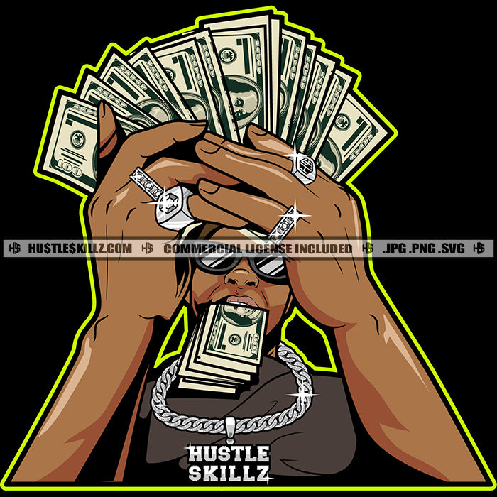 African American Man Holding Cash Money And Money On Mouth Vector Desi ...