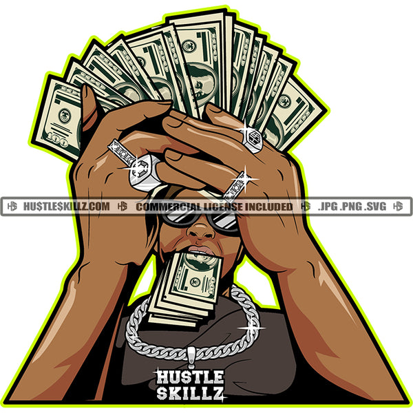 African American Man Holding Cash Money And Money On Mouth Vector Design Element Wearing Dimond Chain And Ring Wearing Sunglass White Background SVG JPG PNG Vector Clipart Cricut Cutting Files