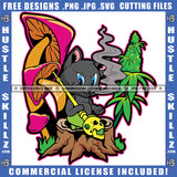 Cartoon Scarface Cat Sitting Mushroom Design Element Cat Holding Skull Head Stick Hustler Hustling SVG JPG PNG Vector Clipart Cricut Cutting Files