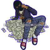 Afro Woman Sitting On Money Vector Lot Of Money On Floor Melanin Woman Wearing Cuts Mask Design Element SVG JPG PNG Vector Clipart Cricut Cutting Files