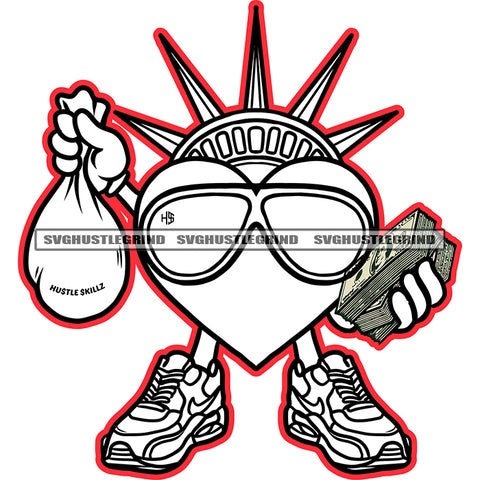 Statue Of Liberty Cartoon Character Wearing Sunglass Black And White BW Vector Heart Holding Cash Money Bundle And Money Bag Crown On Heart Head  SVG JPG PNG Vector Clipart Cricut Cutting Files